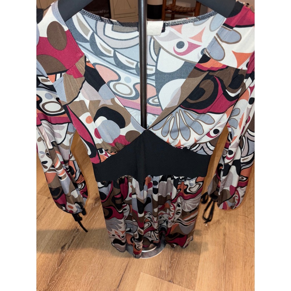 Vintage Womens Abstract Print Dress Long Sleeve‎ V Neck Party Cocktail